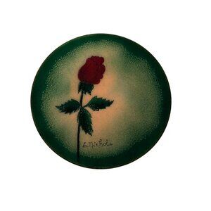 Decorative Ceramic 6 inch Saucer Plate Green Red Rose Design Signed E. Nichols